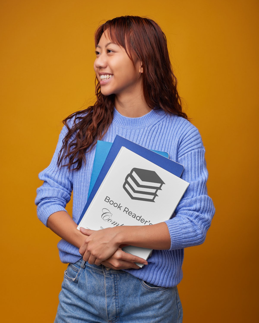 A woman holding duo tangs with the Book Reader's companion on top